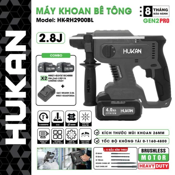 Máy khoan bê tông dùng pin 3 chức năng Gen 2 Pro HK-RH2900BL
