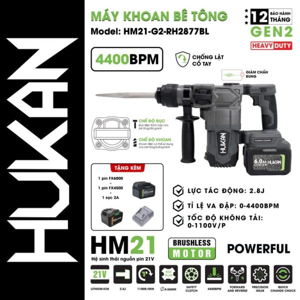 Máy Khoan- Đục Bê Tông Pin Hukan HM21-G2-RH2877BL