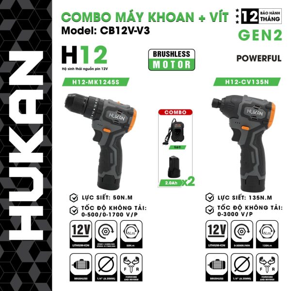 Combo Máy Khoan + Máy Bắn Vít 12V Hukan Gen2 (GEN2) CB12V-V3