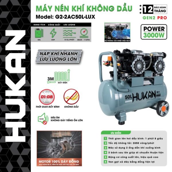 Máy nén khí không dầu bình 50 lít (GEN2 PRO) G2-2AC50L-LUX