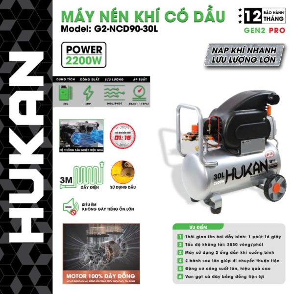 Máy nén khí có dầu bình 30 lít (GEN2 PRO) G2-NCD90-30L